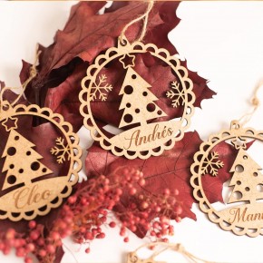 Bolas de Navidad Personalizada - Decoración navideña - con Nombre de Madera, cuarda incluida (Modelo 6)