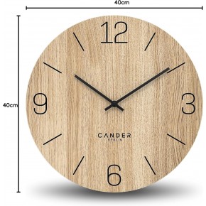 Cander Berlin MNU 2740 D XXL Reloj de pared de madera silencioso, 40 cm, moderno chapa de roble, vintage, sin tictac, grande,